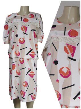 VTG SAILOR Collar Op Art Abstract Romantic Fairy Blouson 80s 90s Dress Large